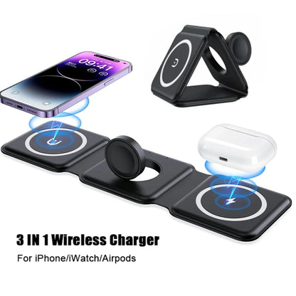 3-In-1 Wireless Charging Station for Apple Magsafe Charger, Foldable Magnetic Travel Charger for Iphone Apple Watch Airpods Pro