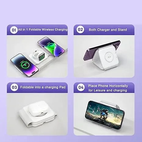 3-In-1 Wireless Charging Station for Apple Magsafe Charger, Foldable Magnetic Travel Charger for Iphone Apple Watch Airpods Pro