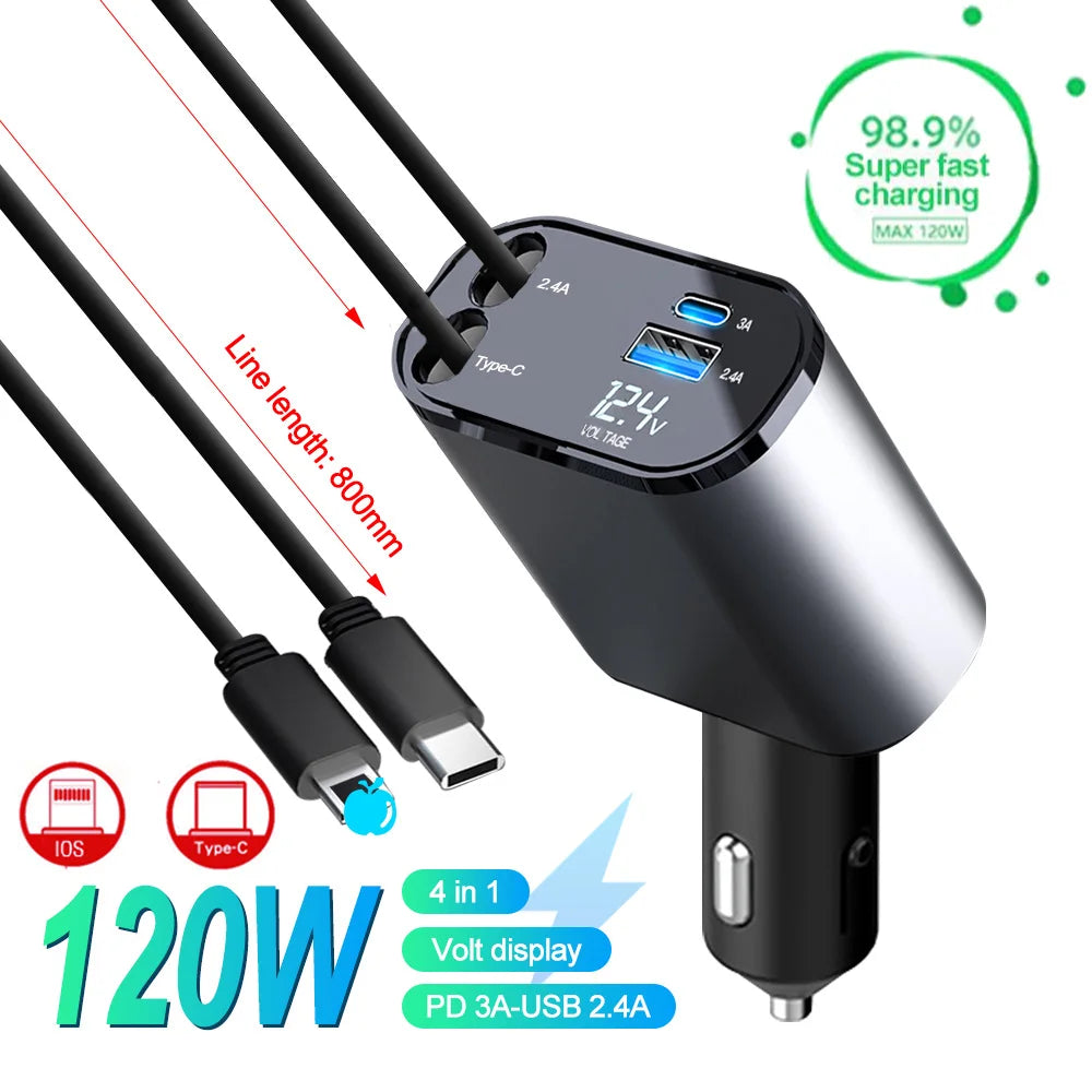 120W 4 in 1 Retractable Car Charger USB C Cable for Iphone Huawei Samsung Fast Charge Cord Cigarette Lighter Adapter PD QC3.0