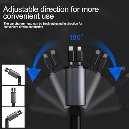 120W 4 in 1 Retractable Car Charger USB C Cable for Iphone Huawei Samsung Fast Charge Cord Cigarette Lighter Adapter PD QC3.0